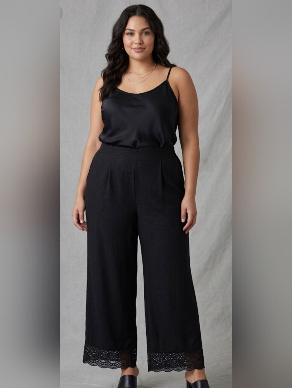 Cato 26/28W Plus Size Black Lace Hem Women's Wide Leg Pants